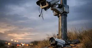Damaged surveillance camera on pole with scattered equipment below against overcast sky