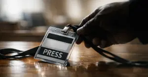 Press credential badge being pulled away by hand on wooden surface in government office