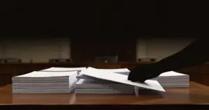 Stack of legislative bills being pushed across California state legislative desk with motion blur