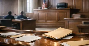 Federal courtroom interior with judge's bench, scattered legal documents, and gallery seating in natural daylight