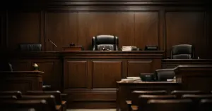 Empty Ohio courtroom interior with judicial bench and witness stand in dramatic lighting