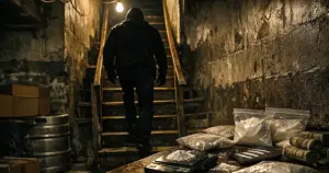 Dimly lit fraternity house basement staircase with silhouetted figure ascending toward single overhead light