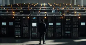 Silhouetted figure standing in massive Pentagon data center with rows of illuminated server racks stretching into distance