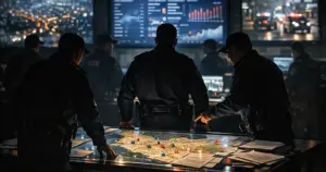 Police command center with officers in silhouette around illuminated tactical map table at night