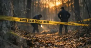 Forest floor with crime scene tape among trees at dusk, fallen leaves in foreground