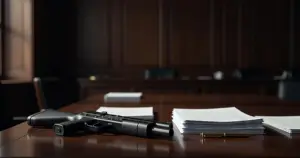 Pellet gun on wooden table with legislative documents in government office setting