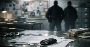 Evidence table with luxury car key and documents in investigation room with silhouetted figures in background