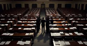 Senate chamber interior with scattered papers on desks and silhouetted figures in discussion after legislative vote