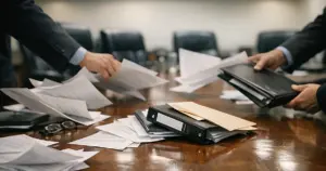 Hands sweeping corporate diversity policy documents across a boardroom table