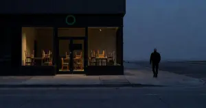 Closed coffee shop storefront at dusk with stacked chairs visible through windows and silhouetted pedestrian passing by