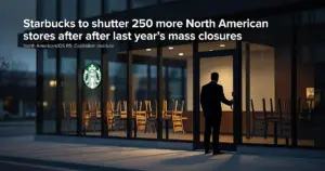 Empty Starbucks storefront at dusk with silhouetted figure at locked door and chairs stacked inside