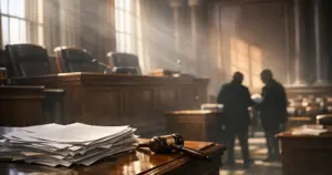 Empty federal courtroom interior with judicial bench, witness stand, and afternoon light streaming through windows