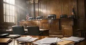 Empty Missouri courtroom with scattered legal documents on counsel tables and dramatic window lighting
