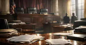 Empty federal courtroom with scattered legal documents on tables and judicial bench in background