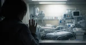 Silhouette of person at hospital nursery window viewing empty bassinet through glass at night