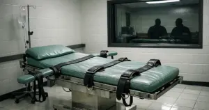 Empty execution chamber with gurney and restraint straps under fluorescent lighting in Texas prison facility