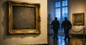 Empty ornate picture frame on museum wall at dawn with soft natural lighting and polished floors
