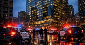 Police vehicles with flashing lights parked outside downtown Minneapolis high-rise building at dusk