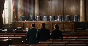 Empty Supreme Court courtroom interior with judicial bench and dramatic natural lighting through tall windows