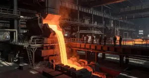 Molten steel pouring in large industrial mill with silhouetted workers on elevated platform