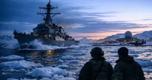 U.S. Navy destroyer moving through Arctic waters with ice chunks and distant snow-covered mountains at twilight
