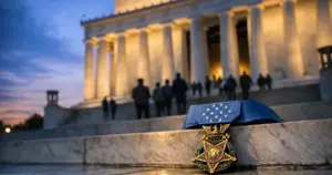 Military medal on marble steps before Lincoln Memorial columns at dusk