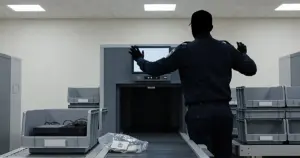 TSA security checkpoint with X-ray scanner and officer silhouette reviewing luggage at airport screening station
