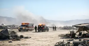 Emergency vehicles on desert playa with scattered camping structures and harsh sunlight on alkaline dust