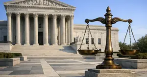 Classical courthouse with columns and bronze scales of justice sculpture under clear sky