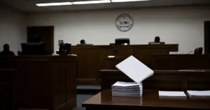 Empty federal courtroom interior with judge's bench and legal documents on table in foreground