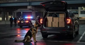 Police K-9 dog sitting alert beside open SUV cargo area filled with boxes at night with emergency lights flashing