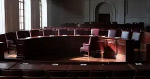 Empty Supreme Court bench with eight chairs and one pulled back, dramatic window lighting casting shadows