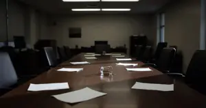 Empty city hall conference room with scattered papers and overturned glass on wooden table