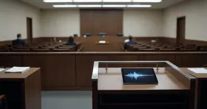 Empty courtroom with tablet displaying digital waveform on witness stand, silhouetted figures in background