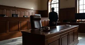 Empty federal judge's bench with silhouetted attorney standing before it in natural courtroom lighting