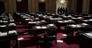 Empty Senate chamber with scattered papers on desks and silhouetted figures in background during legislative debate