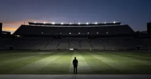 Silhouetted figure stands on sideline of empty illuminated college football stadium at dusk