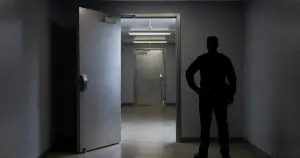 Immigration detention facility corridor with open steel door and silhouetted officer facing doorway