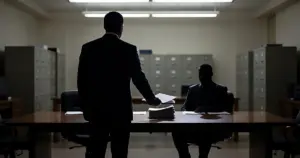 Silhouetted figures exchanging legal documents across table in federal courthouse administrative office