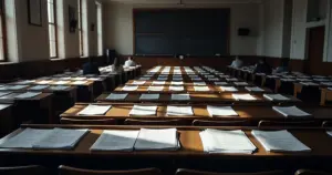 Empty university lecture hall with scattered tuition documents on desks in afternoon light