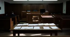 Empty federal courtroom with judge's bench, witness stand, and scattered legal documents on table in foreground