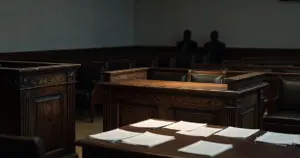 Empty federal courtroom with judge's bench, witness stand, and scattered legal documents on prosecution table