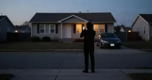 Silhouetted figure with phone filming suburban home at dusk from across street