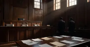 Federal courtroom interior with judge's bench, scattered legal documents on table, and silhouetted figures departing