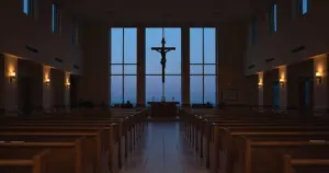 Empty hospital chapel interior with wooden pews and crucifix silhouetted against twilight windows