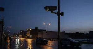 Automated license plate reader camera mounted on pole above wet street with patrol vehicles at dusk