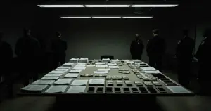 Evidence table with cash and documents surrounded by silhouetted federal agents in investigation room