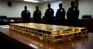 Stacked gold bars on evidence table in federal courtroom with silhouetted agents in background