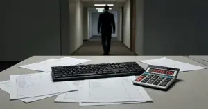 Office desk with scattered financial documents and calculator as silhouetted figure walks away down hallway