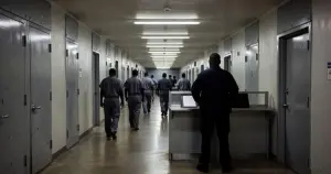 Interior corridor of immigration detention facility with silhouetted detainees and security checkpoint